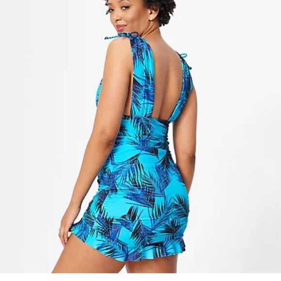 COPY - Kim Gravel Swimsuits For All Ruched Swim Dress Sz 6 Blue Tropical - Picture 2 of 3